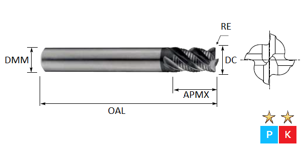 6.0mm 4 Flute (0.5mm Radius) Long Series Roughing Pulsar DMX Carbide End Mill (Plain Shank)